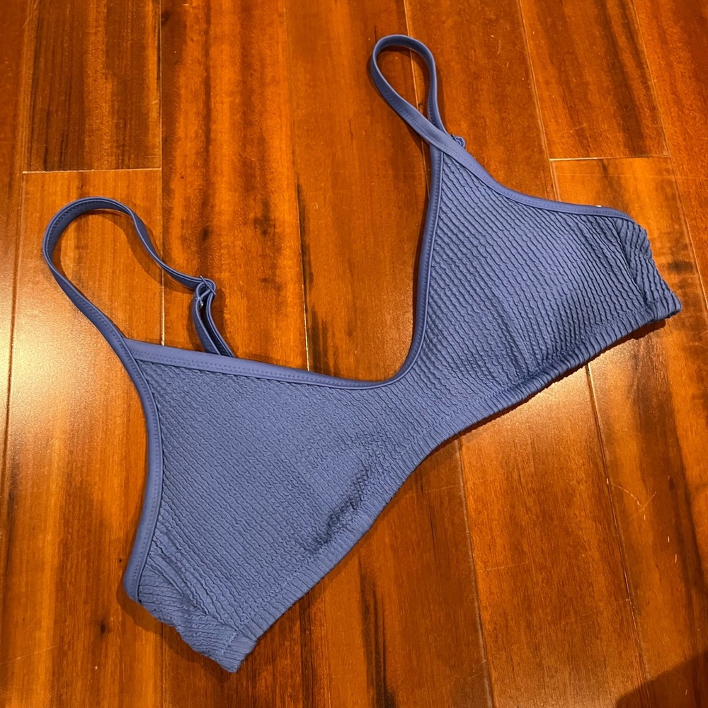 Aerie Bikini Swim Top Scoop Textured Rib Blue UPF 50 Two Piece‎ NWOT Size Large